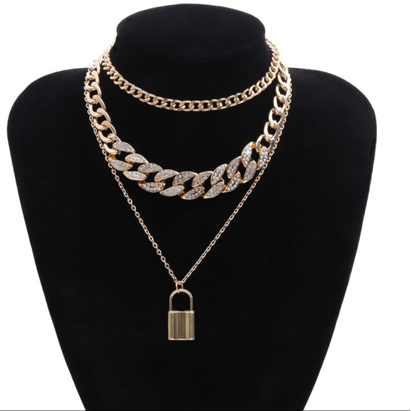 Gold Unisex Multilayer Padlock Chain Necklace - Picture 2 of 8